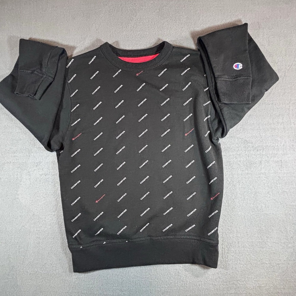 Champion Mens Small Black All Over Logo Crewneck Sweatshirt Y2K Streetwear